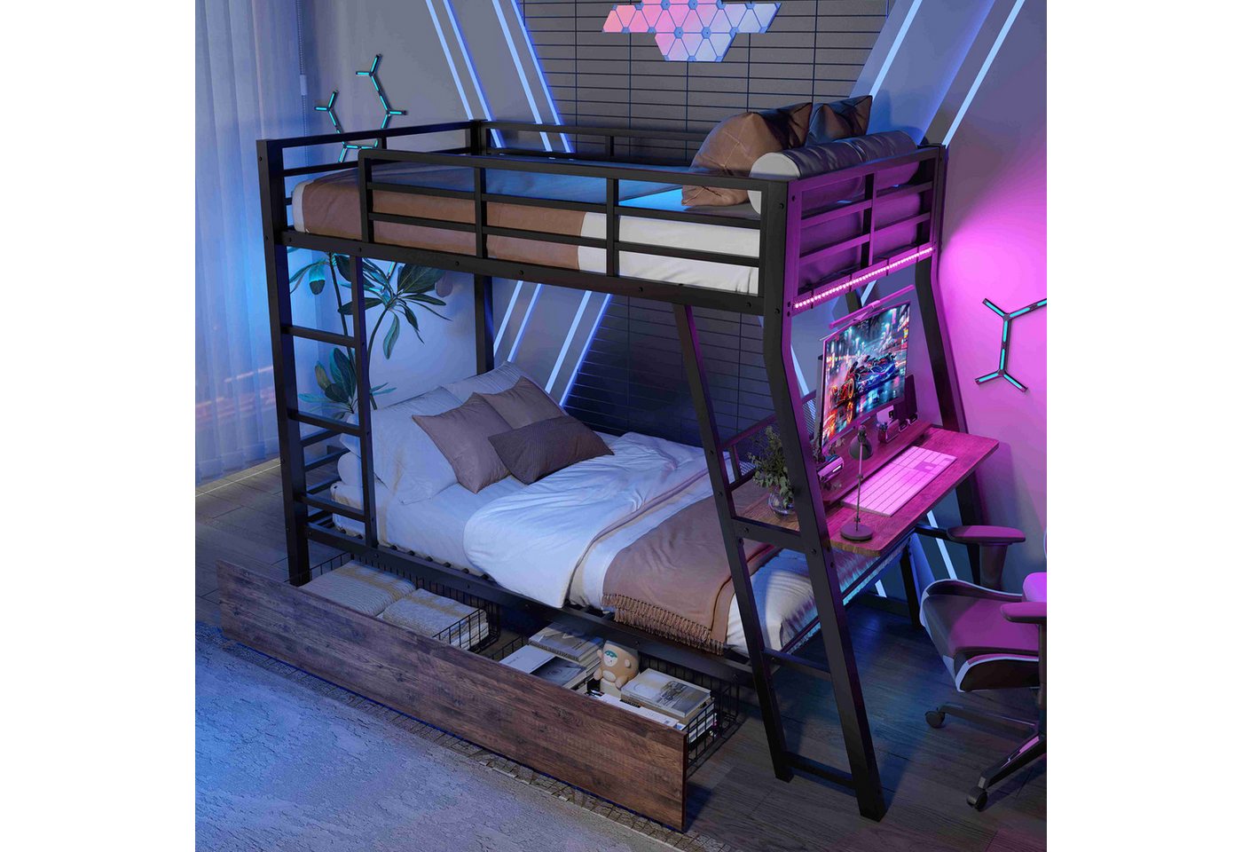 BlingBin Hochbett Jugendbett Für Büro, Studium & mehr (1-St., mit Schreibtisch und Fernbedienung-LED) Eisenrahmen, Vielseitig & platzoptimiert, ohne Matratze von BlingBin