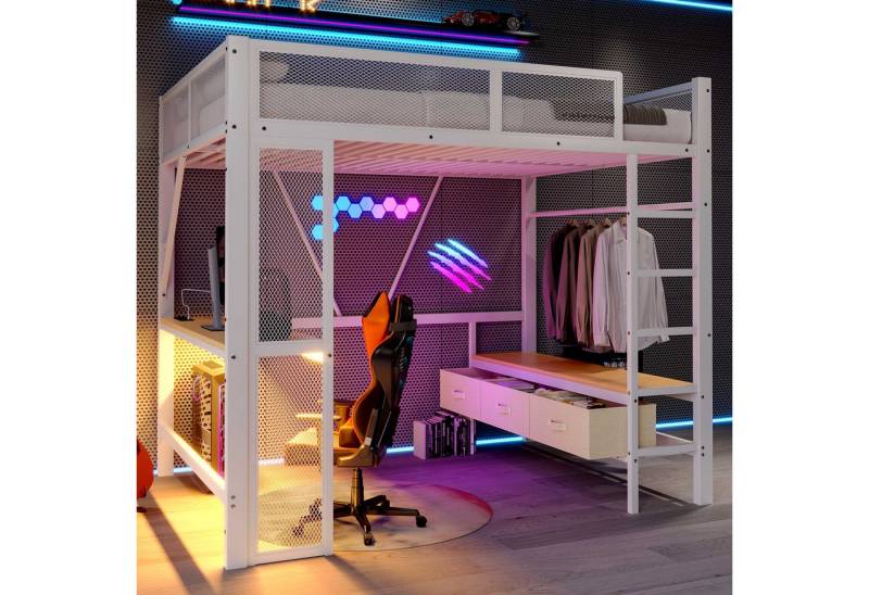 BlingBin Hochbett Jugendbett Für Büro, Studium & mehr (Multifunktionales 140x200 cm Metall-Hochbett, 1-St., mit LED-Beleuchtung, USB-Anschluss, Schreibtisch und Kleiderschrank) Platzsparendes Spiel- und Arbeitsbett im modernen Industriedesign von BlingBin
