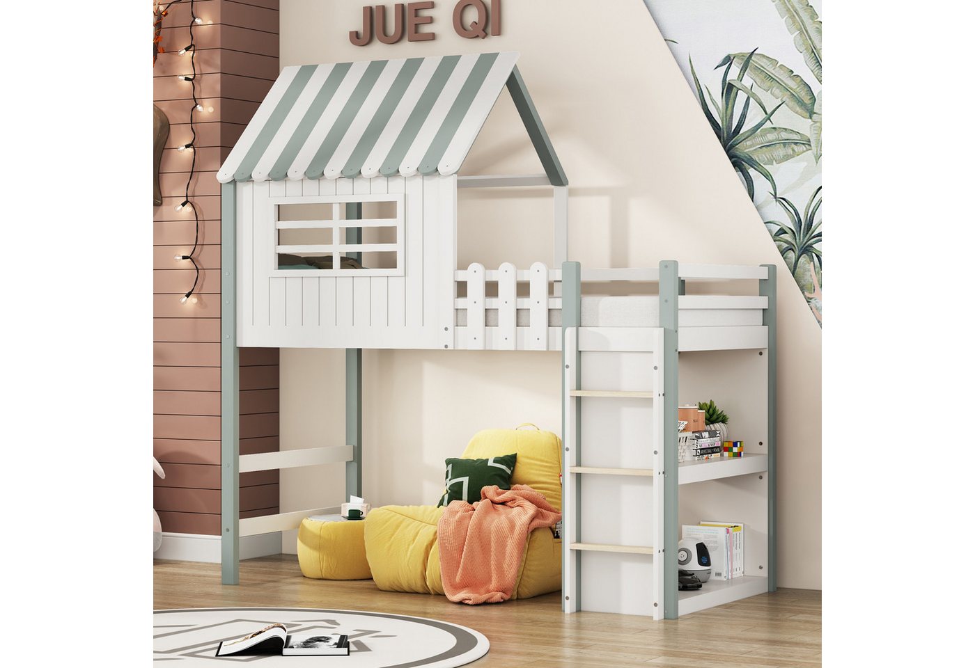 BlingBin Hochbett Kinderbett Einzelbett Jugendbetten 90×200CM (1-St., mit Kleiderschrank und 6 Regalen) von BlingBin
