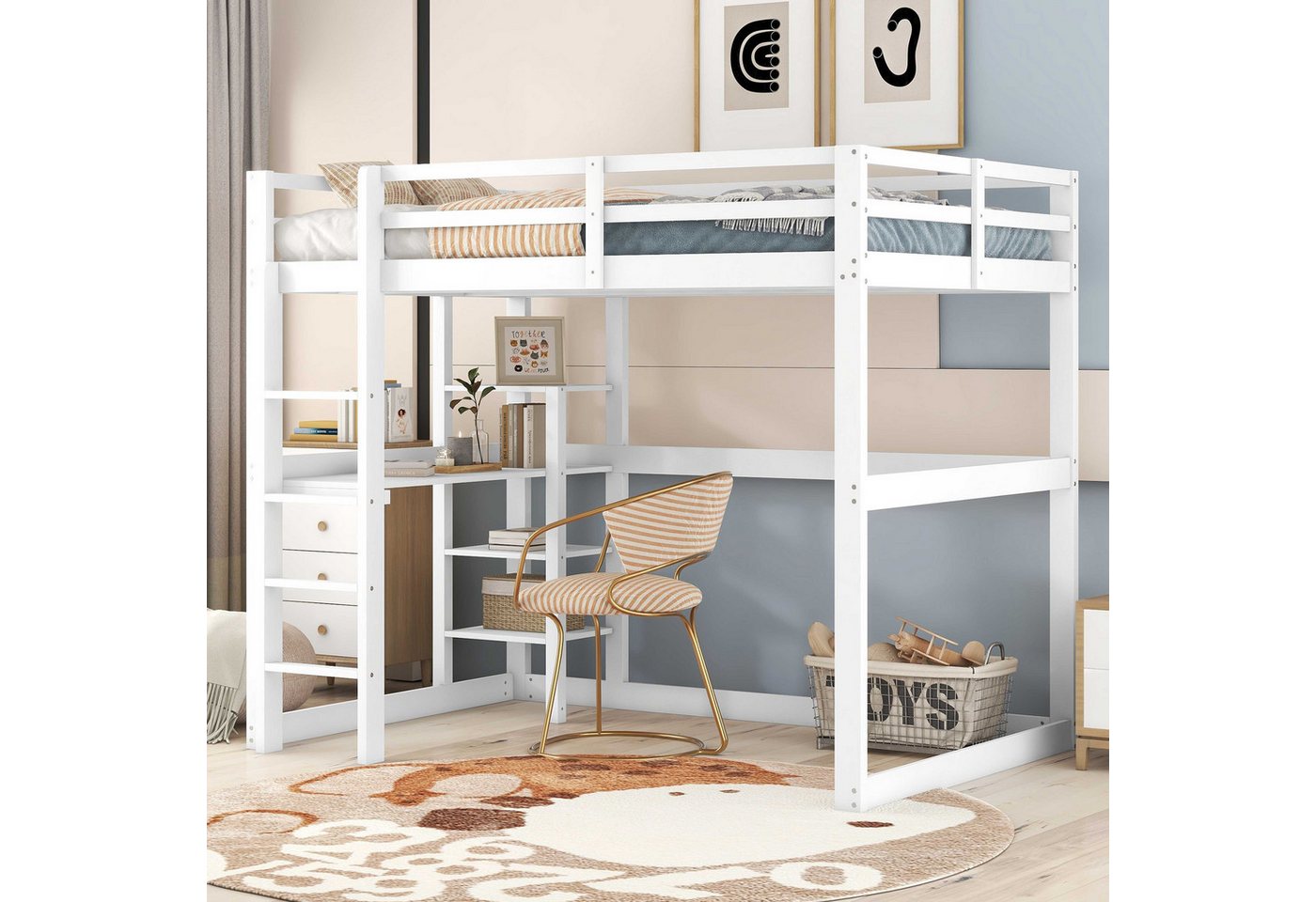 BlingBin Hochbett Kinderbett Jugendbett (1-St., mit 4 Ablagefächern und einer Schreibtischplatte) 140 X 200 cm,mit Stauraum, komplett aus Kiefer von BlingBin