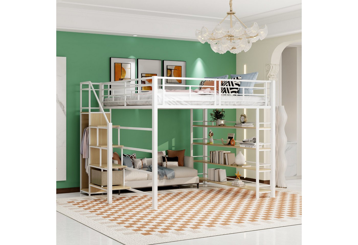 BlingBin Hochbett Kinderbett Metallbett Stauraumbett mit Sicherheitstreppe (Einzelbett, Jugendbett, 1-St., 140x200cm) Stauraum und kleinem Kleiderschrank, Einlegeböden, hohes Zaundesign von BlingBin