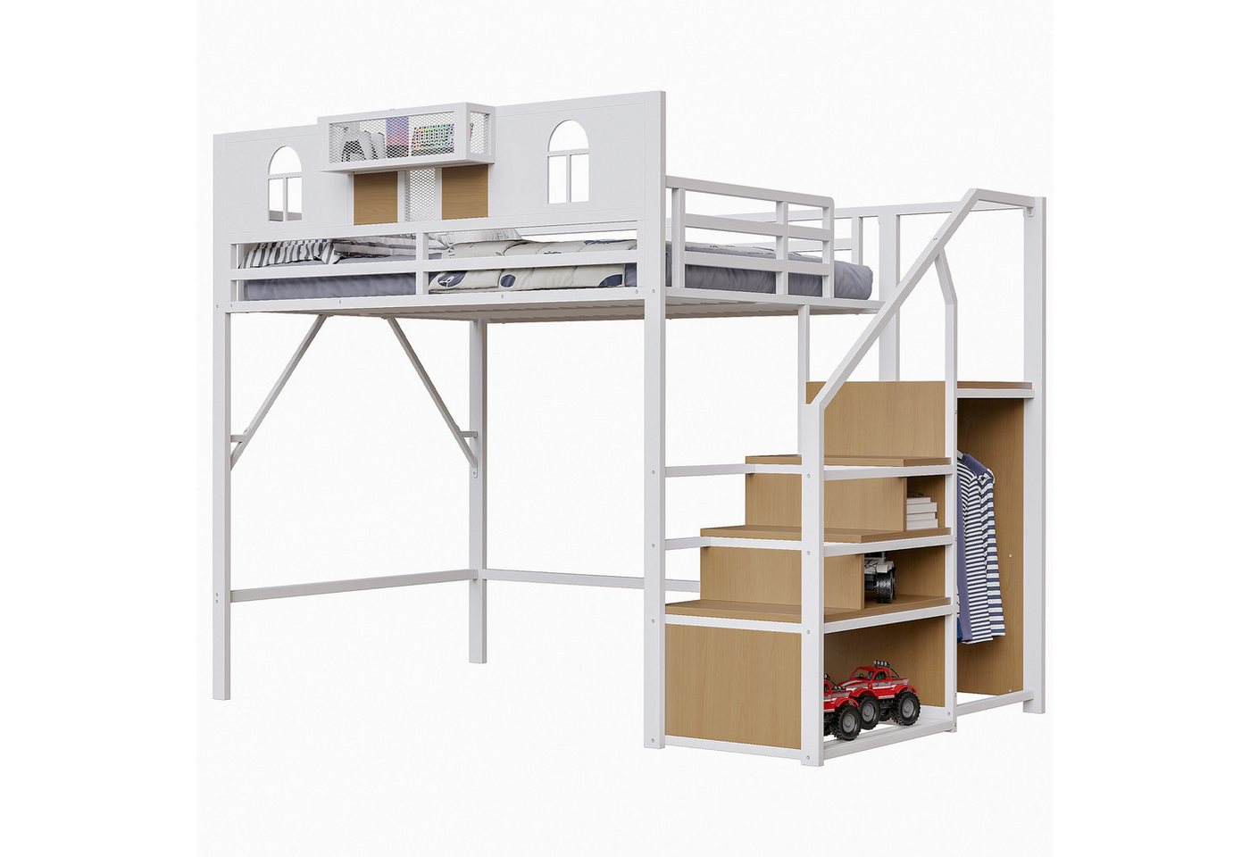 BlingBin Hochbett Metall-Hochbett 140 x 200 cm (Metallbett Kinderbett, 1-St., Mit Stauraumleiter, Fenster, Holzplatten und Netzgewebe) Einzigartige Erhöhte Umzäunung, Ablagefläche Am Bett, Metallrahmen von BlingBin