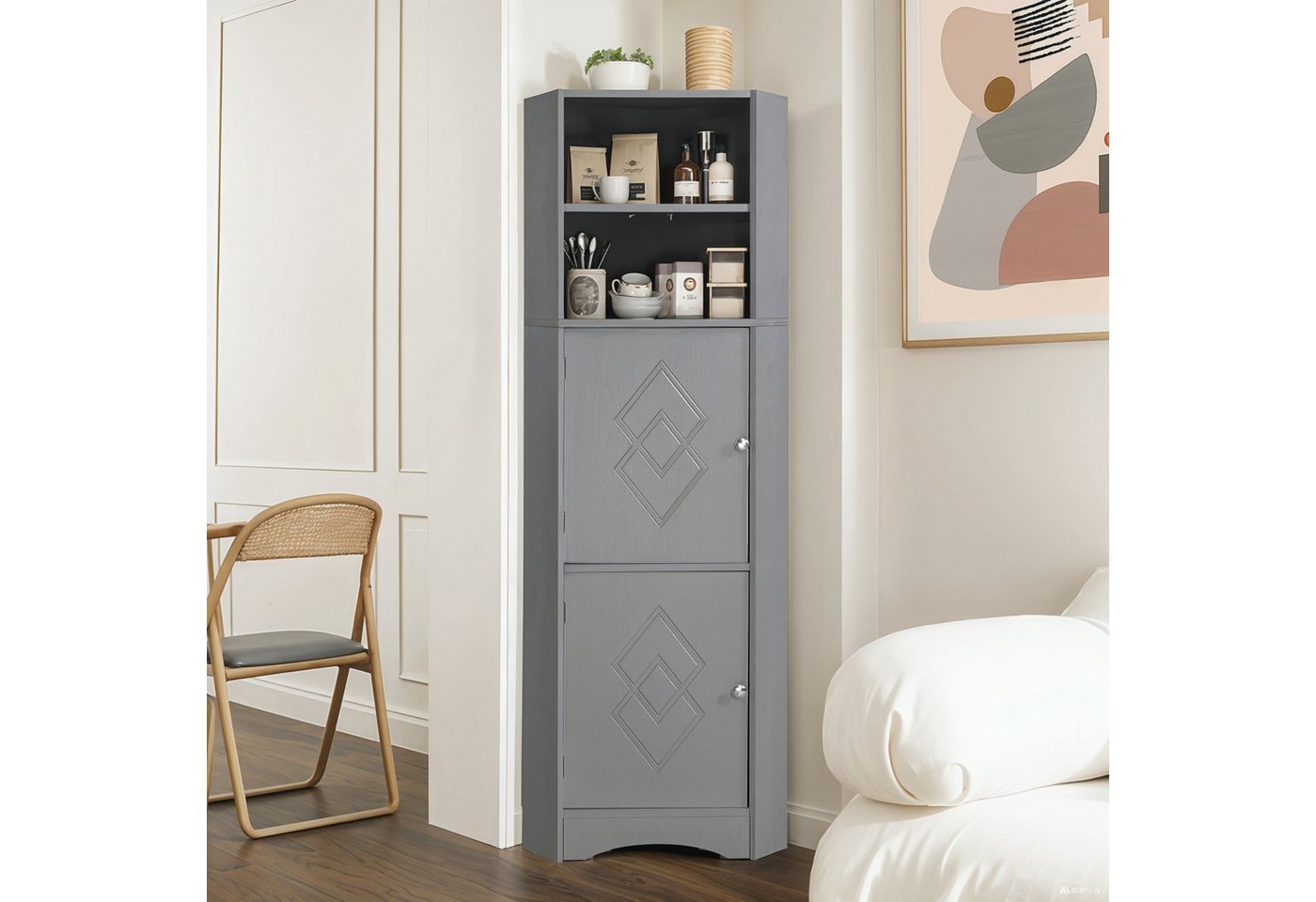 BlingBin Hochschrank Badezimmerschrank, Badschrank Eckschrank Schmal (Badmöbel 36.5x 36.5 x 155 cm, 1-St., Badezimmer Aufbewahrungseinheiten, Verstellbarem Einlegeboden) Badezimmermöbel mit 2 Türen und offenem Aufbewahrungsregal, hellgrau von BlingBin