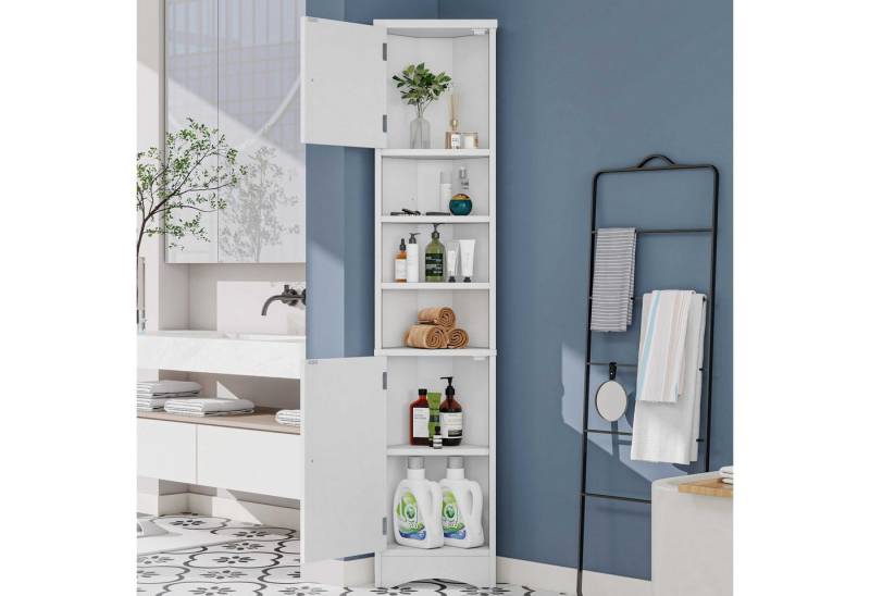 BlingBin Hochschrank Dreieckiger Badezimmerschrank Volllackierung verstellbare Einlegeböden (1 Set, 1-St., 36.5 x 24.5 x 170cm) drei offene Ablagefächer, Doppeltüren, verstellbare Einlegeböden von BlingBin