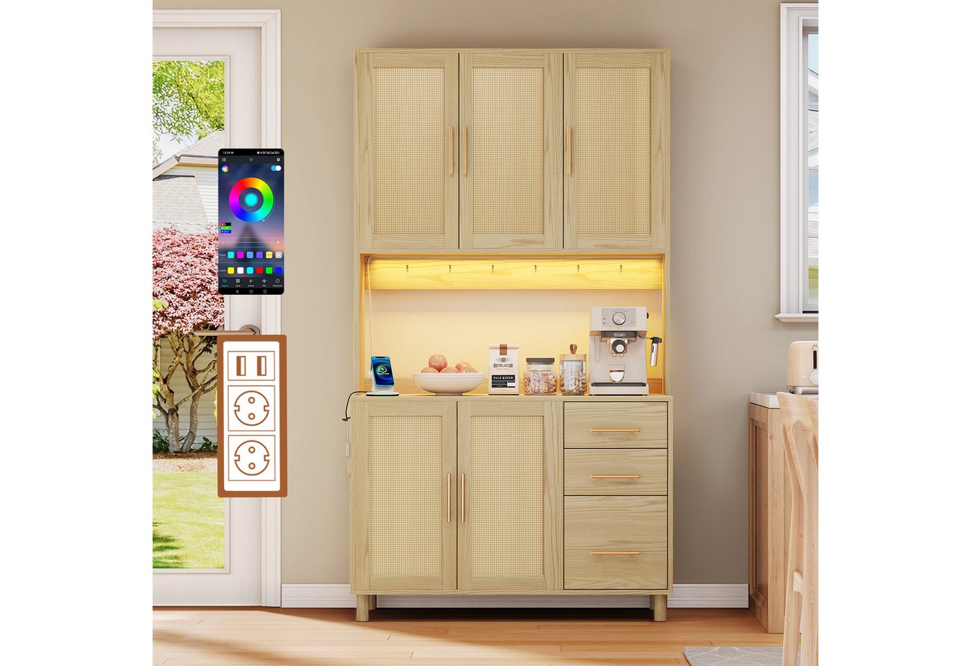 BlingBin Hochschrank Küchenanrichte (1-St., Küchen-Sideboard aus Rattan für Küche, Esszimmer und Wohnzimmer) mit LED-Licht, USB- und Steckdosen, höhenverstellbaren Einlegeböden von BlingBin