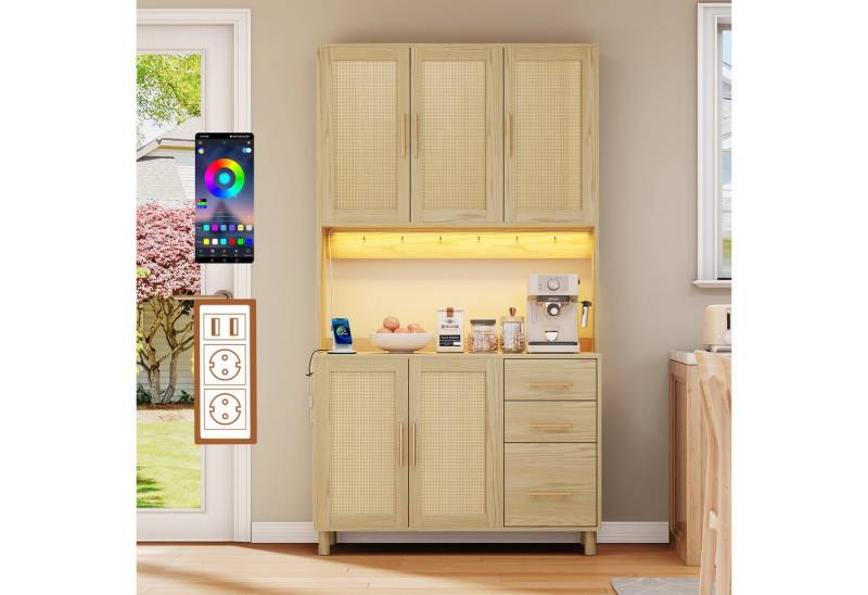 BlingBin Hochschrank Küchenanrichte (1-St., Küchen-Sideboard aus Rattan für Küche, Esszimmer und Wohnzimmer) mit LED-Licht, USB- und Steckdosen, höhenverstellbaren Einlegeböden von BlingBin