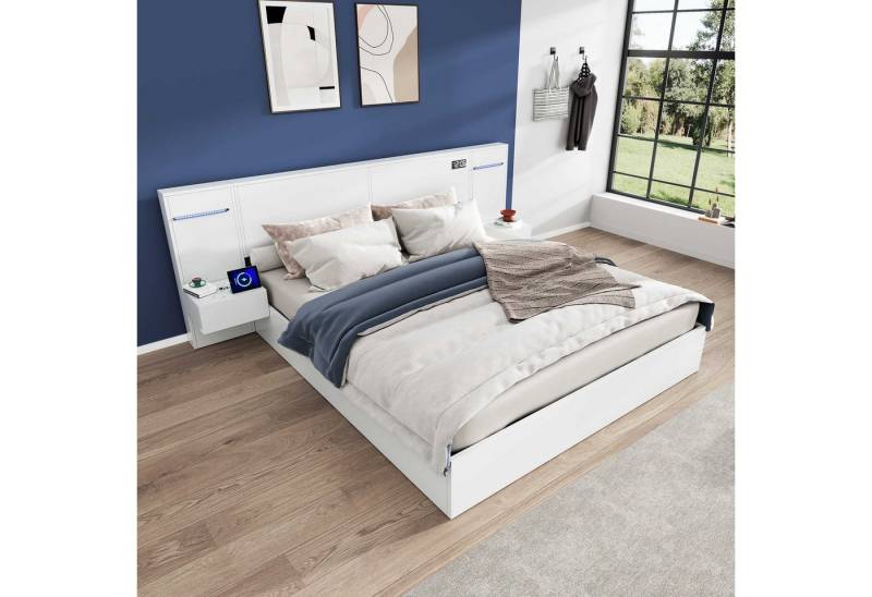 BlingBin Holzbett Doppelbett Funktionsbett (1-tlg., mit LED-licht, Bluetooth-Lautsprecher, USB-A & USB-C Ladeanschlüssen), mit Stauraum und Ambientelicht für ein stilvolles Schlafzimmer von BlingBin