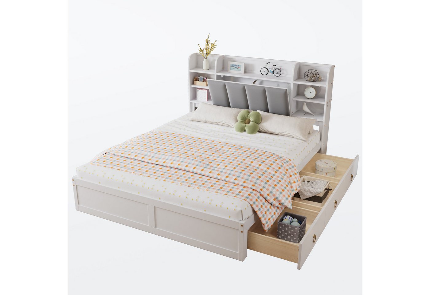 BlingBin Holzbett Doppelbett Jugendbett Massivholzbett Stauraumbett mit Offenes Regal (Drei Schubladen mit Rollen, Griffe aus Metall, Ablagefach mit Herunterklappbarer Tür, Rahmen aus Kiefer, 1-tlg., 160x200CM, Ohne Matratze, Tragfähigkeit: 225KG), Heranwachsende und Erwachsene, Kiefer & MDF, Weiß & Grau von BlingBin