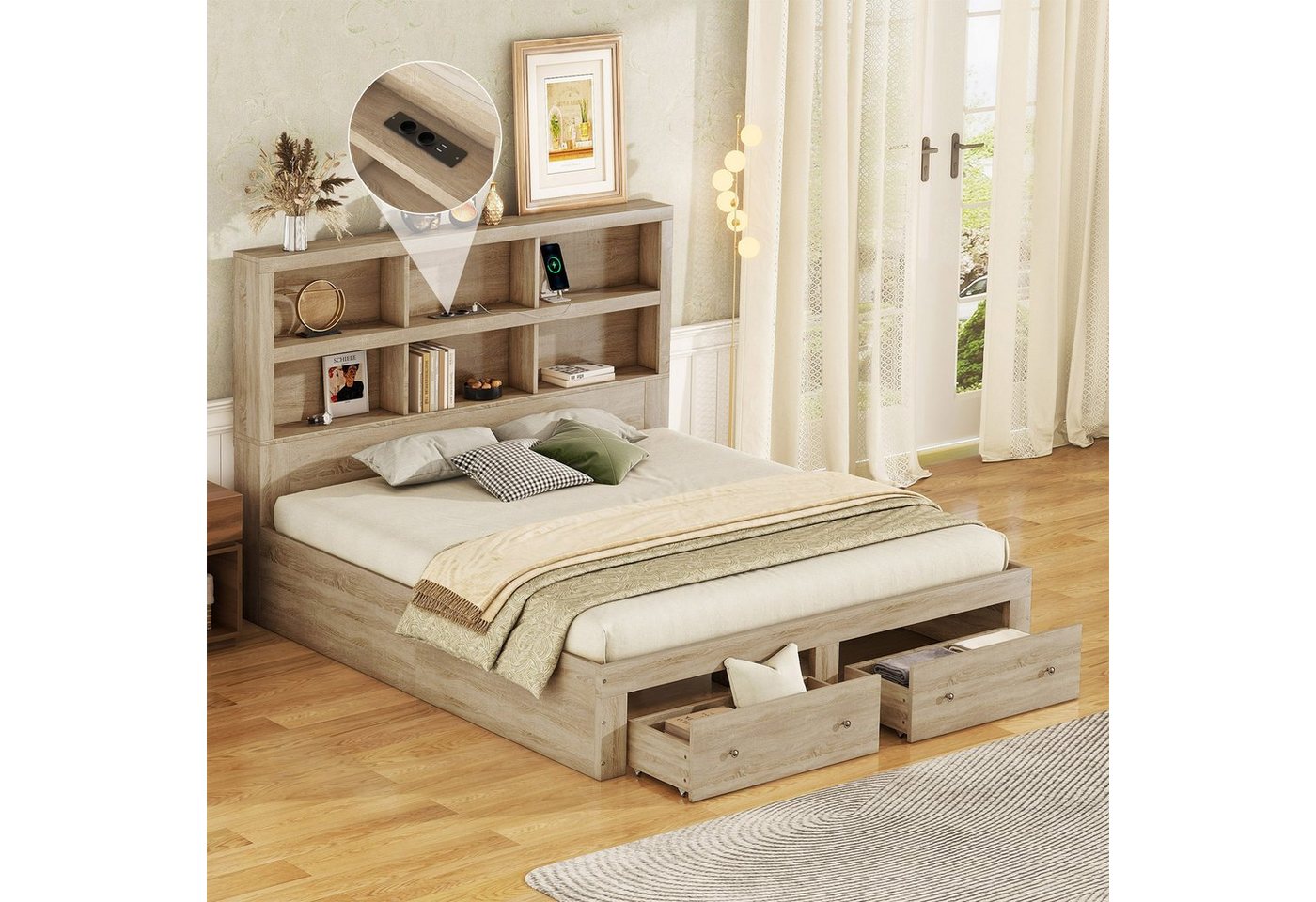 BlingBin Holzbett Doppelbett Stauraumbett 160×200CM (1-tlg., Kopfteil mit Stauraum), mit zwei Schubladen am Fußende,6 Ablagefächer,USB-Ladeanschluss von BlingBin