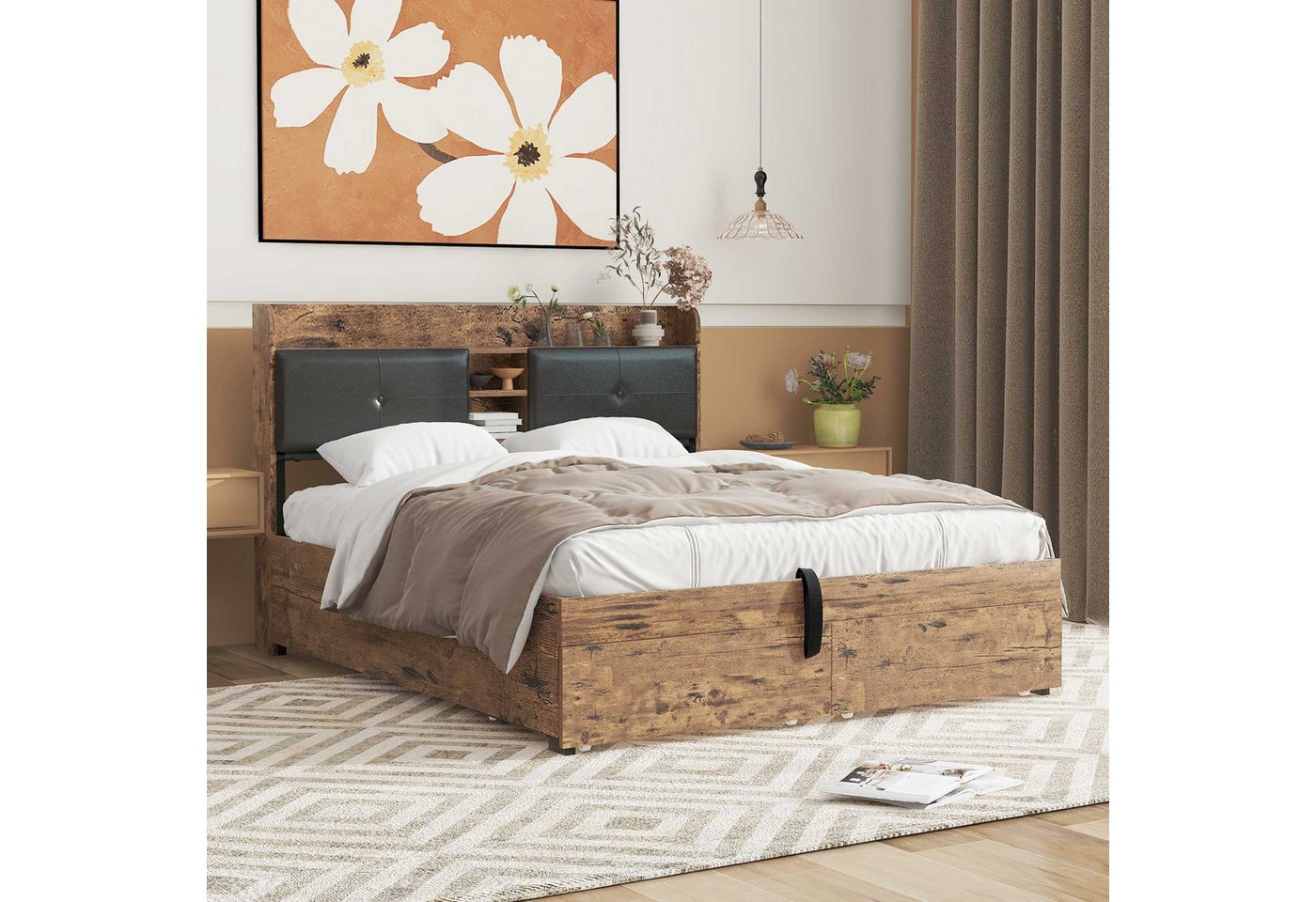 BlingBin Holzbett Metallbett Hydraulikbett Jugendbetten Doppelbett (mit Stauraum-Kopfteil und Metall Lattenrost, 1-tlg., 140*200cm, Ohne Matratze, Max Belastbarkeit: 300kg), Bettgestell für Erwachsene, Kinder, Jugendliche, Holzfarbe+Schwarz von BlingBin