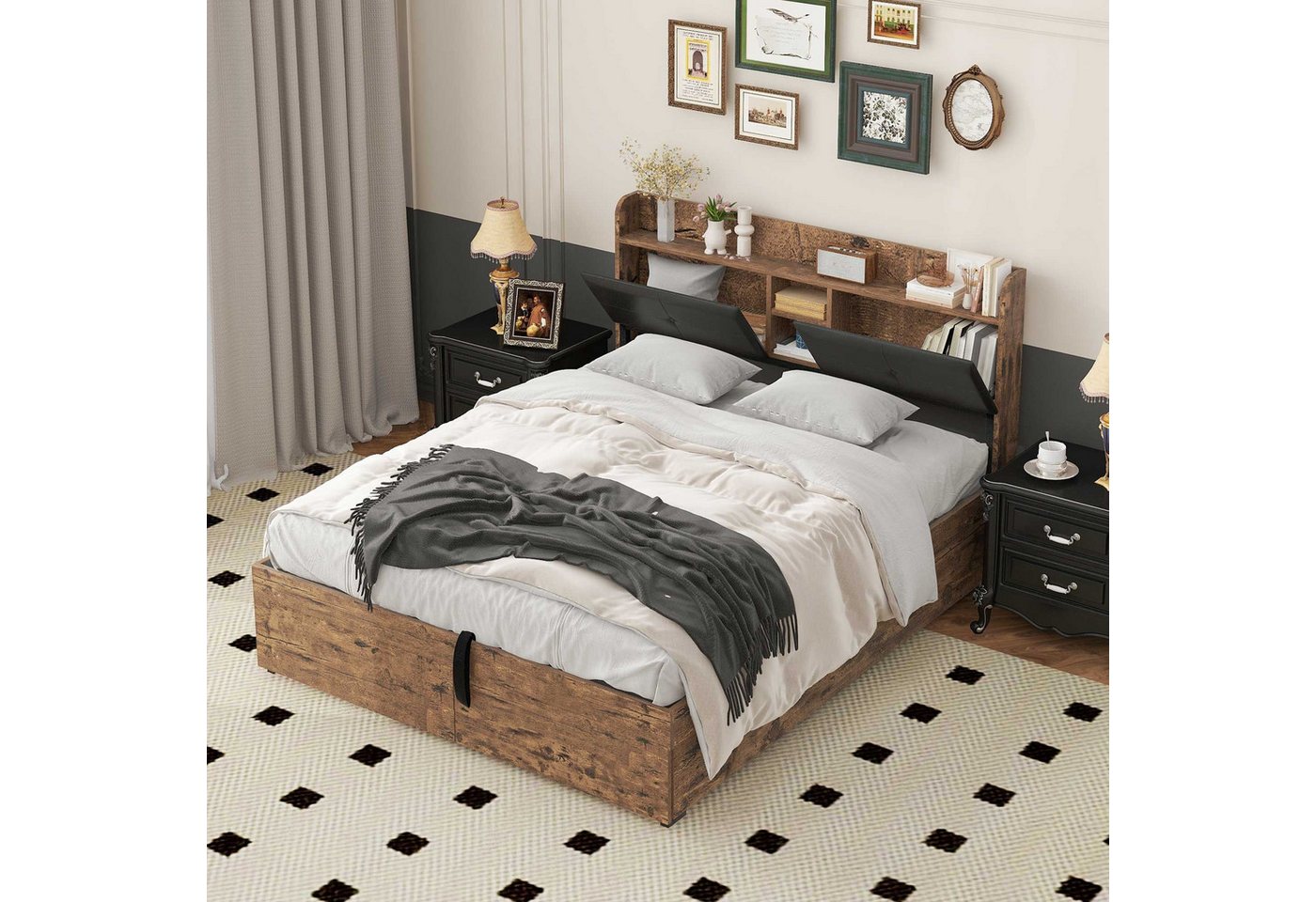 BlingBin Holzbett Metallbett Hydraulikbett Jugendbetten Doppelbett (mit Stauraum-Kopfteil und Metall Lattenrost, 1-tlg., 160*200cm, Ohne Matratze, Max Belastbarkeit: 300kg), Bettgestell für Erwachsene, Kinder, Jugendliche, Holzfarbe+Schwarz von BlingBin