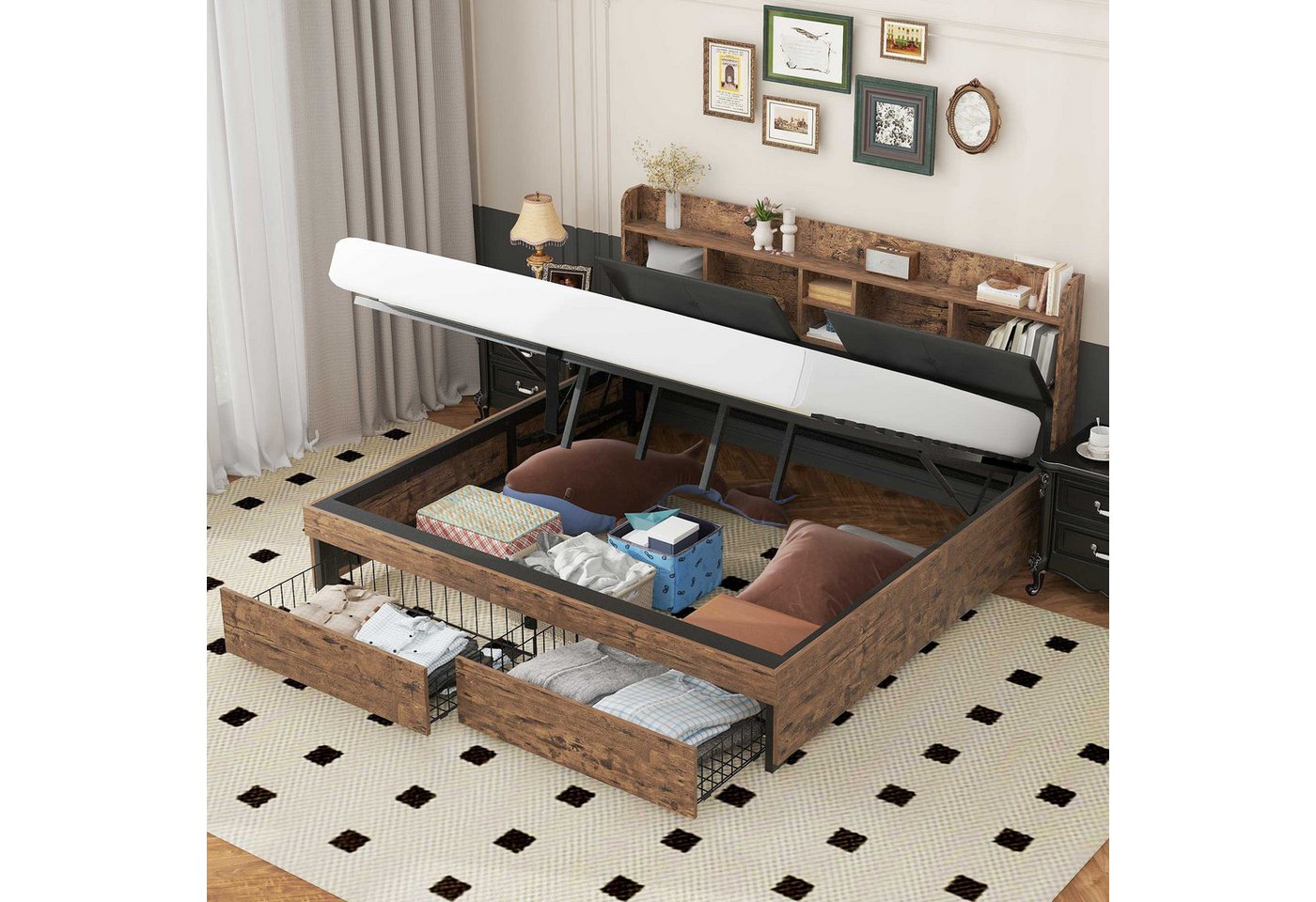 BlingBin Holzbett Metallbett Hydraulikbett Jugendbetten Doppelbett (mit Stauraum-Kopfteil und Metall Lattenrost, 1-tlg., 180*200cm, Ohne Matratze, Max Belastbarkeit: 300kg), Bettgestell für Erwachsene, Kinder, Jugendliche, Holzfarbe+Schwarz von BlingBin