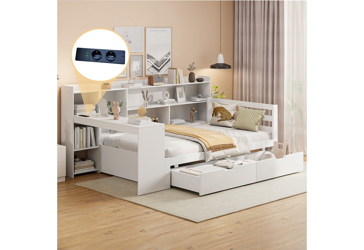 BlingBin Holzbett Multifunktionales Schlafsofa Funktionsbett Stauraumbett Einzelbett (Jugendbett Mit Schreibtisch Bücherregal Ablagefächern und Regalen, Mit Steckdose, 1-tlg., 90*200 cm, Ohne Matratze, Maximale Belastbarkeit: 120KG), Massivholzbett Mit 2 Großen Ablagefächern für Schlafzimmer, Weiß BlingBin Holzbett Multifunktionales Schlafsofa Funktionsbett Stauraumbett Einzelbett (Jugendbett Mit Schreibtisch Bücherregal Ablagefächern und Regalen, Mit Steckdose, 1-tlg., 90*200 cm, Ohne Matratze, Maximale Belastbarkeit: 120KG), Massivholzbett Mit 2 Großen Ablagefächern für Schlafzimmer, Weiß von BlingBin