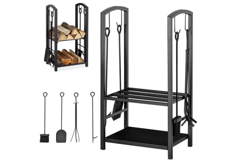 BlingBin Kaminholzregal Kaminholzständer Brennholzregal Feuerholzablage Kaminbesteck, BxTxH:40x30x74.5 cm, (Kaminholzhalter mit 4 Kaminwerkzeug (Schaufel, Besen, Schürhaken und Zange), 1-St., Gesamtmaße: 40cm x 30cm x 74,5cm, Tragfähigkeit des Regals: 100kg), Holzregal für Kamin Kaminofen, Besteck Schmiedeeisen Schwarz von BlingBin