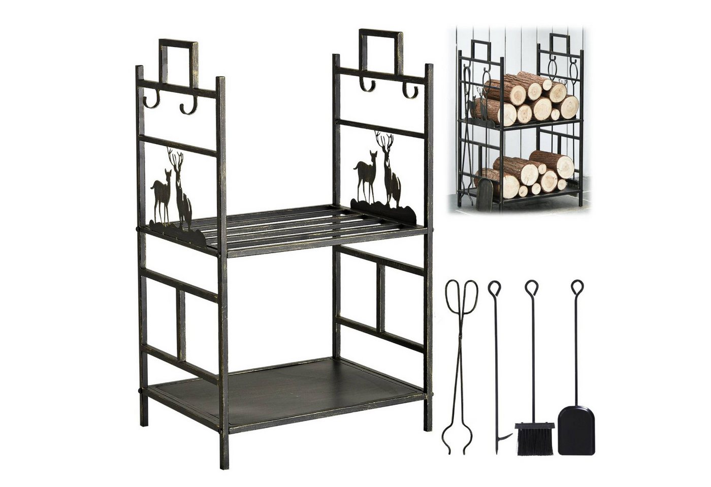 BlingBin Kaminholzregal Kaminholzständer Brennholzregal Feuerholzablage Kaminbesteck, BxTxH:51.5x33x77 cm, (Kaminholzhalter mit 4 Kaminwerkzeug (Schürhaken, Zange, Besen und Schaufel), 1-St., Gesamtmaße: 51,5cm x 33cm x 77cm, Tragfähigkeit des Regals: 30 kg), Holzregal für Kamin Kaminofen, Eisen, Schwarz & Gold von BlingBin