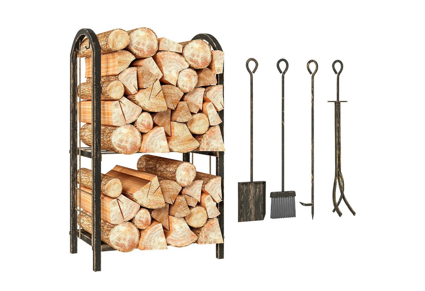 BlingBin Kaminholzregal für innen 43 x 30 x 74cm 2 Ebenen Brennholzregal mit 4 Kaminwerkzeug, BxTxH:43x30x74 cm, (1er Set, 5-St., 43cm x 30cm x 74cm), Kaminholzständer für Kamin Ofen Kaminholzhalter für Feuerholz von BlingBin