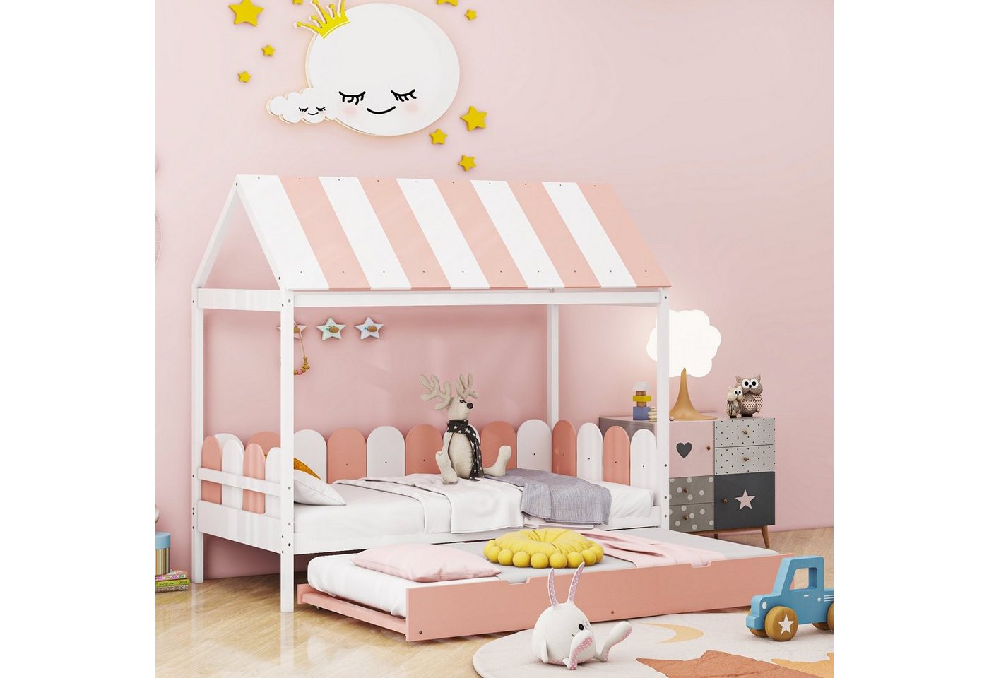 BlingBin Kinderbett Ausziehbett Hausbett Einzelbett 90x190cm mit Lattenrost (1er Set, 1-tlg., Bett ohne Matratzen), Massivholzbett, mit Dach und Rückenlehne von BlingBin