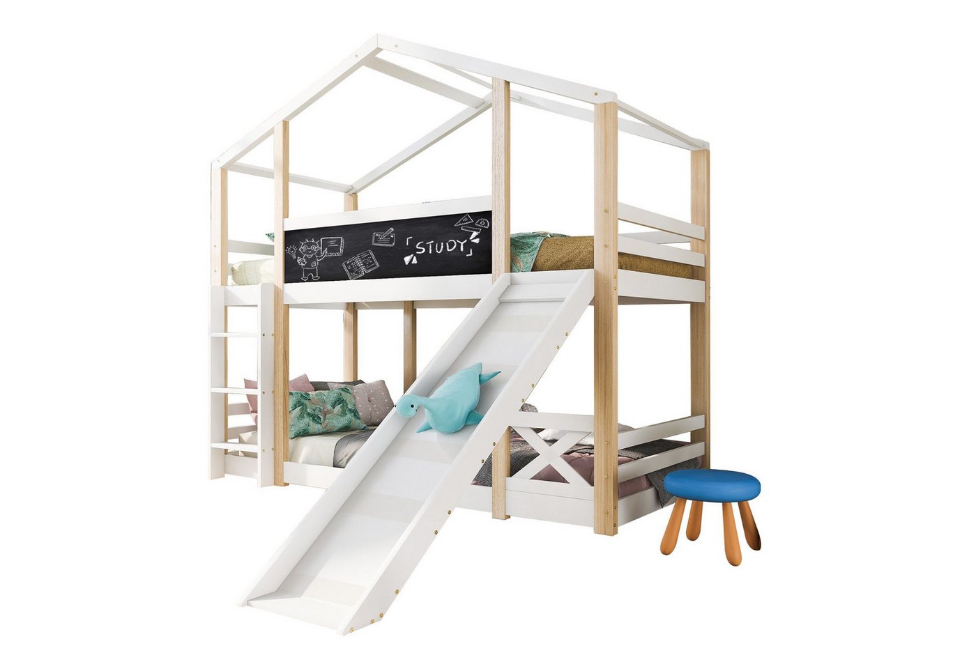 BlingBin Kinderbett Baumhaus mit Rutsche & Leiter 90 x 200 cm Hochbett für Kinder (1er Set, 1-tlg., 2 Bettseiten), 2X Lattenrost, Etagenbett, bis 120 kg von BlingBin