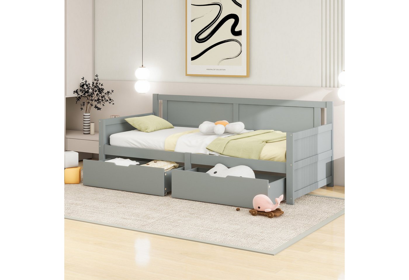 BlingBin Kinderbett Einzelbett, Multifunktionales Kinderbett, Stauraumbett, Jugendbett (Bettgestell mit Zwei Ablagefächern, Massivholzrahmen, 1-tlg., 90*200 cm, Ohne Matratze, Belastbarkeit maximal: 120KG), Holzbett aus Sperrholz, MDF und Kiefernholz für Schlafzimmer, Grau von BlingBin