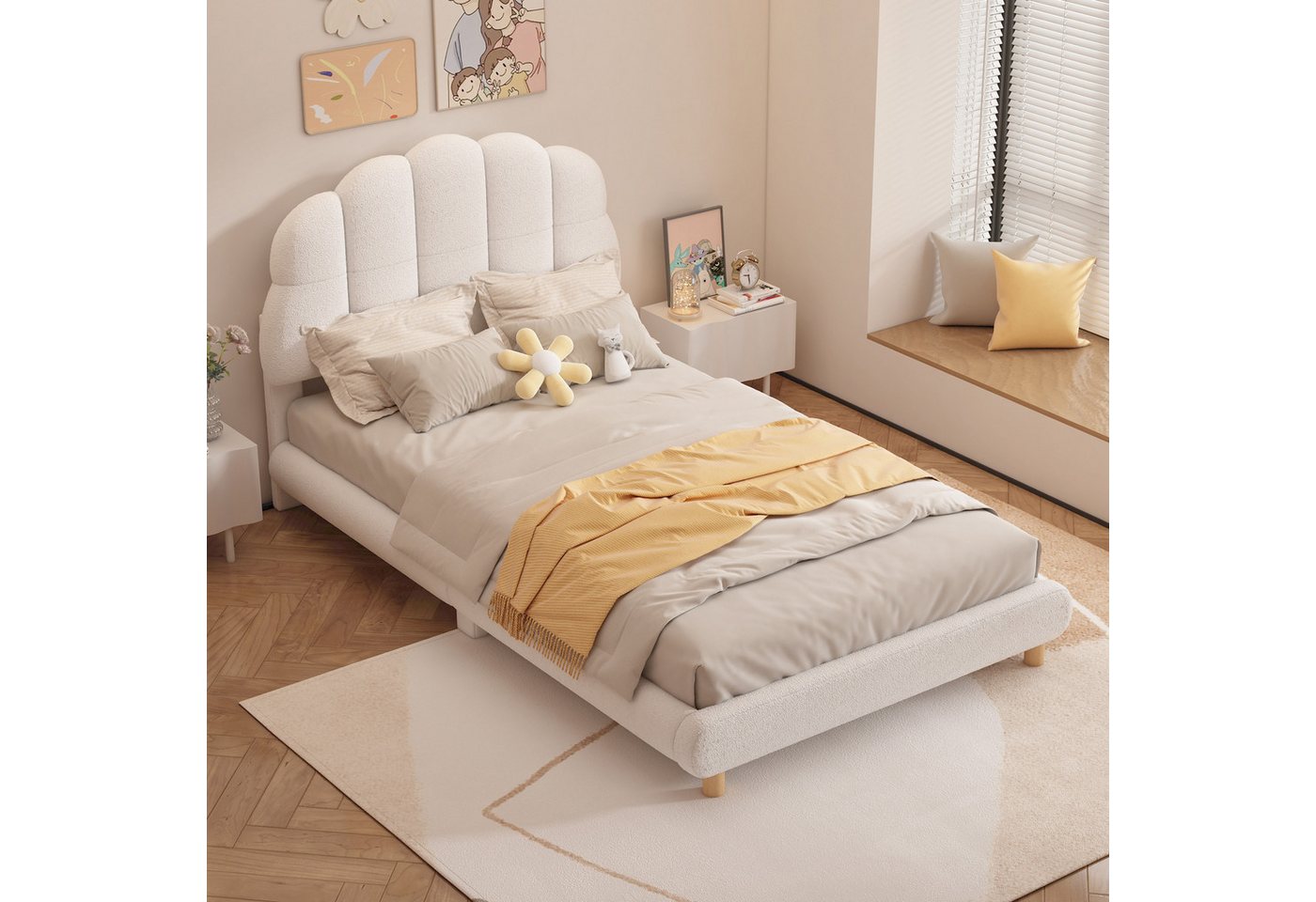 BlingBin Kinderbett Einzelbett Jugendbett (1-tlg., Plush,mit niedliches Kopfteil), 90×200cm,Weiß,Keine Matratze von BlingBin