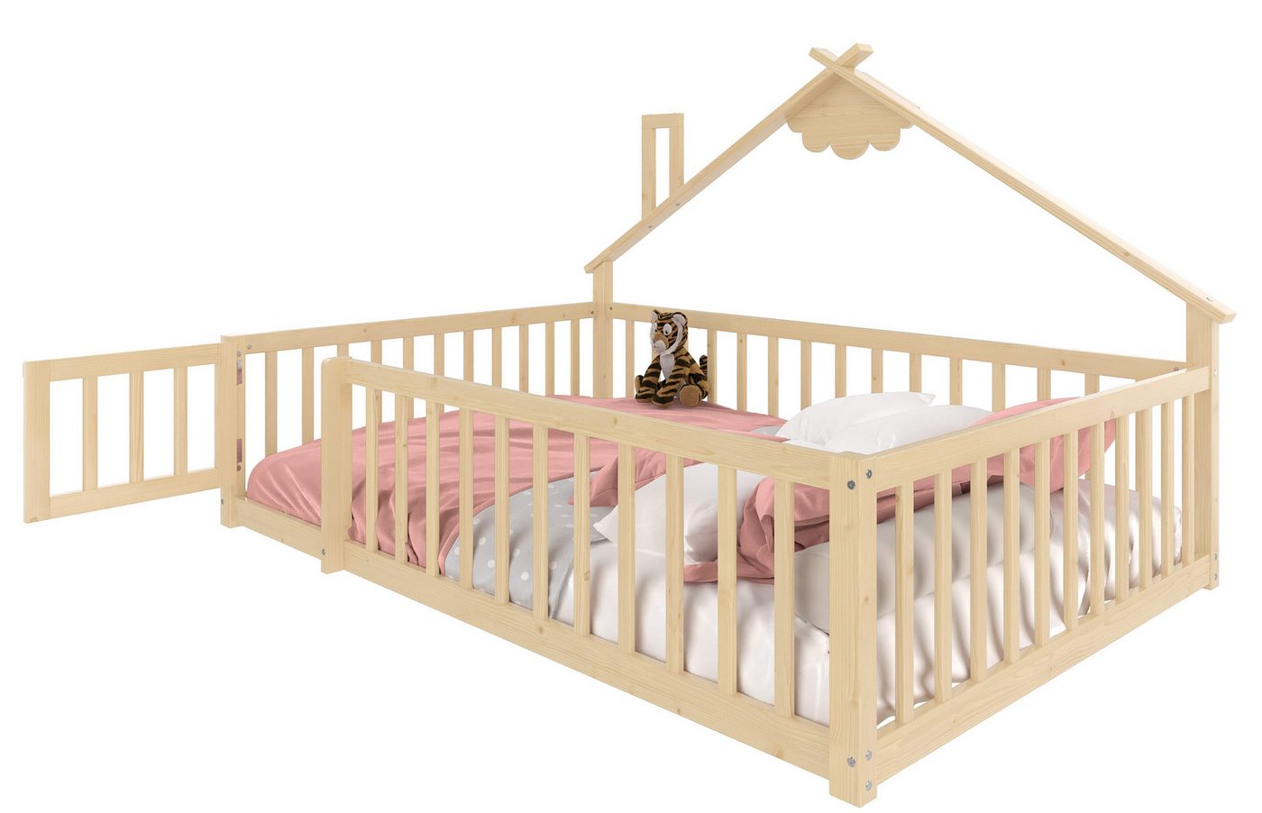 BlingBin Kinderbett Flachbett, 90x190 cm, Kinderbett, Hausleiste, Geländer mit Schloss (1 Set, 1-tlg., 200 x 101x 112cm), Regt die Fantasie und Entdeckungslust der Kinder an von BlingBin