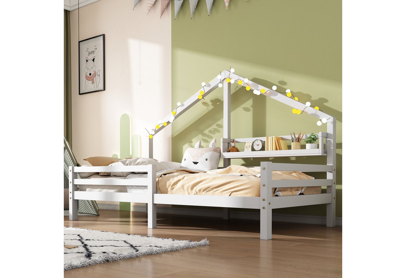 BlingBin Kinderbett Hausbett, Kinderbett, Jugendbett, Einzelbett (Bettgestell mit Ablageregal Kaminform, 1-tlg., 90*200 cm, Ohne Matratze, Gewichtskapazität: 120KG), Ideal für Kinderzimmer, Schlafzimmer, Kiefer, Weiß von BlingBin