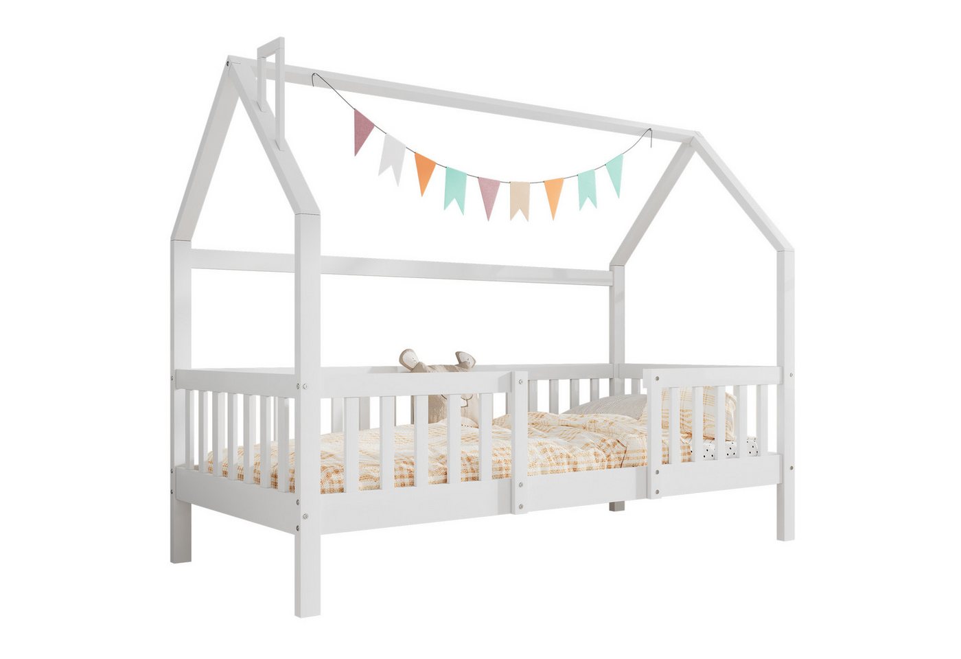 BlingBin Kinderbett Hausbett mit Schornstein, Bettgestell, Einzelbett, Jugendbett (1er Set, 1-tlg., 90 x 200 cm, Ohne Matratze, Tragendes Gewicht: 150KG), Kiefernholz Haus Bett, Robuste Lattenroste, Weiß von BlingBin