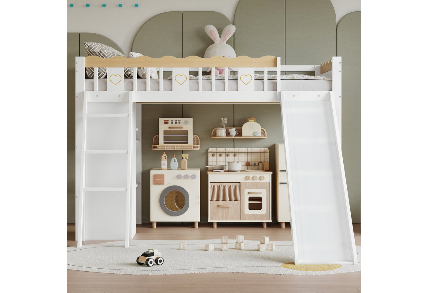 BlingBin Kinderbett Hochbett Einzelbett Stauraumbett Funktionsbett Massivholzbett (Bettgestell Mit Kinderrutsche, Kleiderschrank und Ablageschrank unter dem Bett, Vierseitiger Zaun mit Exquisiten Mustern, 1-tlg., 90*200 cm, Ohne Matratze, Belastbarkeit maximal: 120KG), Holzbett aus Kiefer, MDF und Sperrholz für Kinderzimmer, Weiß+Natur BlingBin Kinderbett Hochbett Einzelbett Stauraumbett Funktionsbett Massivholzbett (Bettgestell Mit Kinderrutsche, Kleiderschrank und Ablageschrank unter dem Bett, Vierseitiger Zaun mit Exquisiten Mustern, 1-tlg., 90*200 cm, Ohne Matratze, Belastbarkeit maximal: 120KG), Holzbett aus Kiefer, MDF und Sperrholz für Kinderzimmer, Weiß+Natur von BlingBin