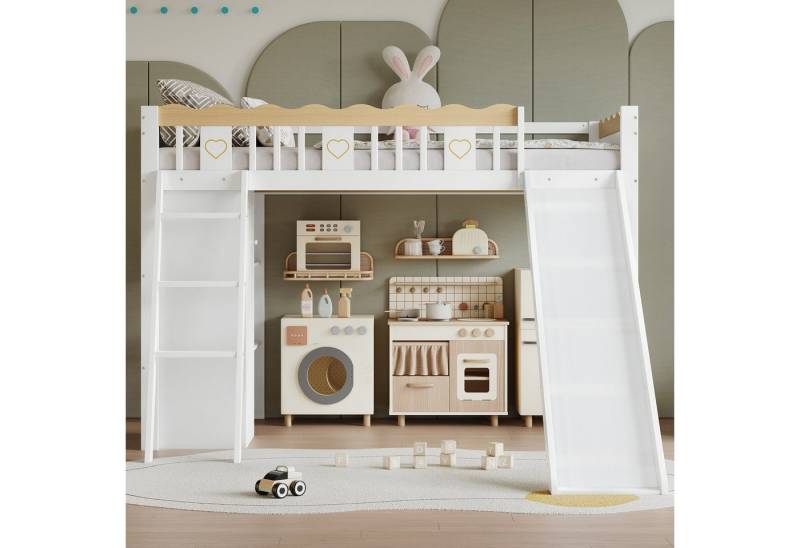 BlingBin Kinderbett Hochbett Einzelbett Stauraumbett Funktionsbett Massivholzbett (Bettgestell Mit Kinderrutsche, Kleiderschrank und Ablageschrank unter dem Bett, Vierseitiger Zaun mit Exquisiten Mustern, 1-tlg., 90*200 cm, Ohne Matratze, Belastbarkeit maximal: 120KG), Holzbett aus Kiefer, MDF und Sperrholz für Kinderzimmer, Weiß+Natur von BlingBin