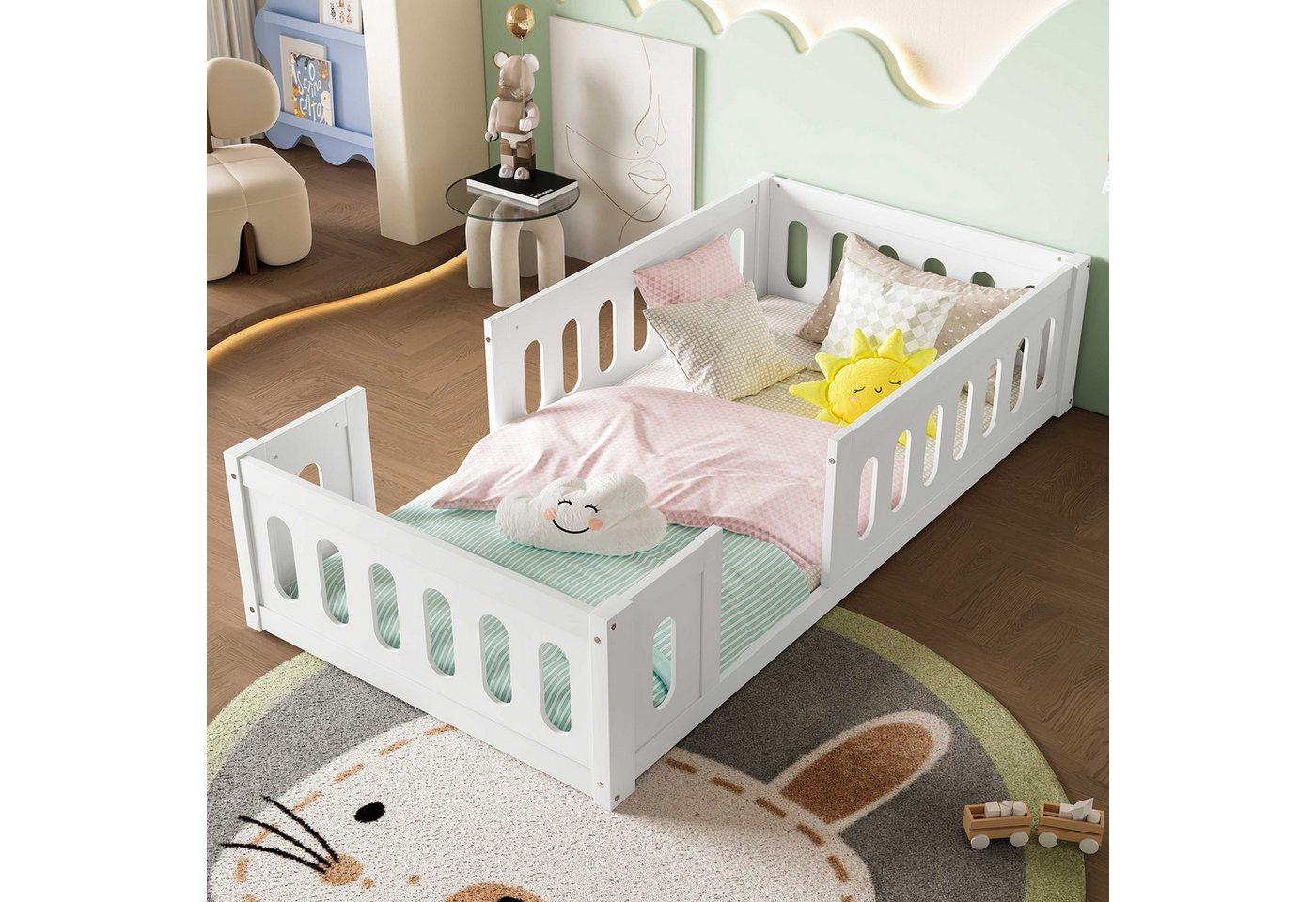 BlingBin Kinderbett Holz-Plattformbett Babybett (1-tlg., mit halbgeschlossenem Geländer, 90/140x200 cm), aus massivem Kiefernholz und MDF, stabil, bodennah von BlingBin