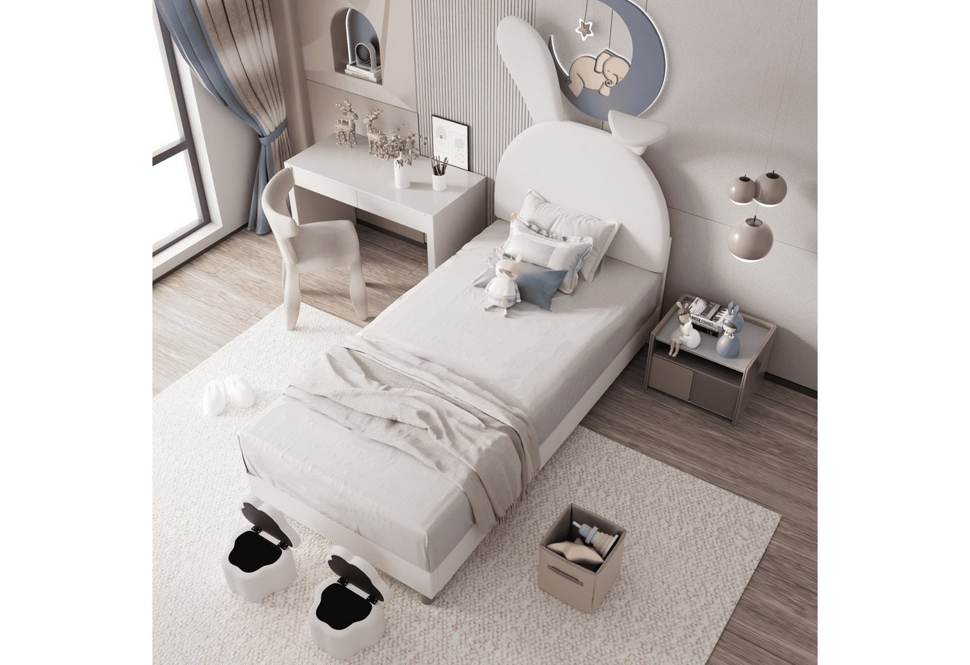 BlingBin Kinderbett Jugendbett, Polsterbett (3-tlg., ausklappbare Hasenohren, höhenverstellbares Kopfteil, Samt), mit zwei Aufbewahrungshockern, LED-Nachttischbeleuchtung von BlingBin