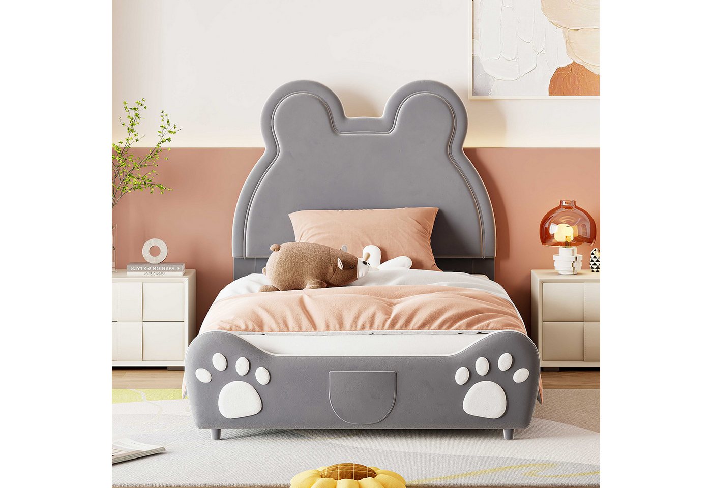BlingBin Kinderbett Polsterbett (90 x 200 cm, grau), Bärenform, Hautfreundlicher Samtstoff,mit einer Seitentasche am Bett von BlingBin