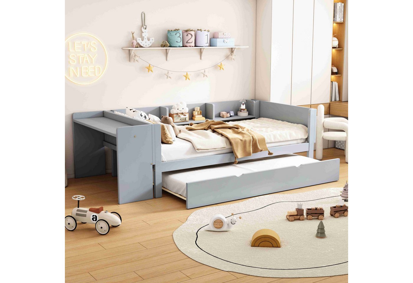 BlingBin Kinderbett Polsterbett Einzelbett mit ausziehbarem Bett (1-tlg., mit ausziehbarem bett und Schreibtisch, 3Regale), grau, Pine+MDF, 90x200cm von BlingBin