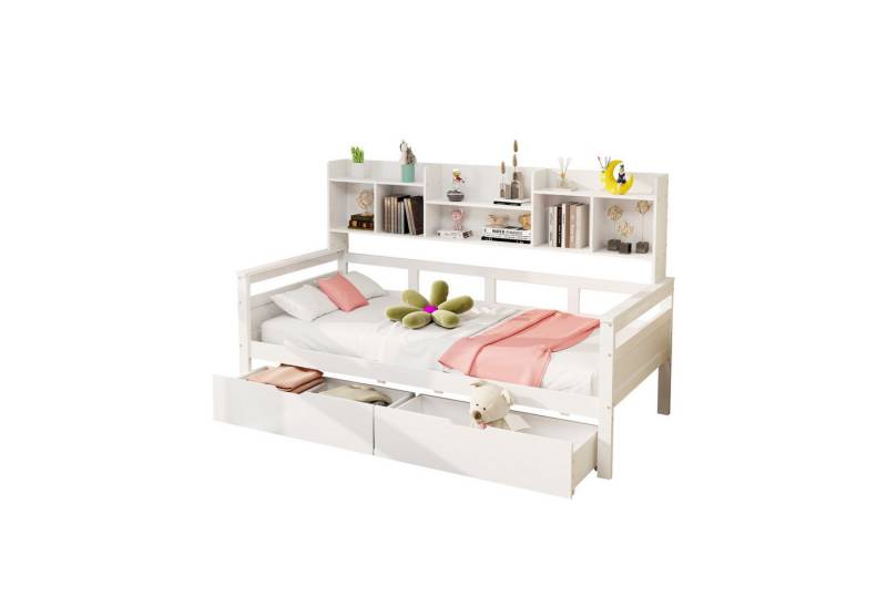 BlingBin Kinderbett Schlafsofa Jugendbett Einzelbett Massivholzbett mit Lattenrost (Bettgestell mit 2 Schubladen und Regale, Metall & Sperholz & MDF, 1-tlg., 90x200cm, Ohne Matratze, Belastbarkeit maximal: 150KG), Stauraumbett für Schlafzimmer Wohnzimmer Kinderzimmer, Weiß von BlingBin