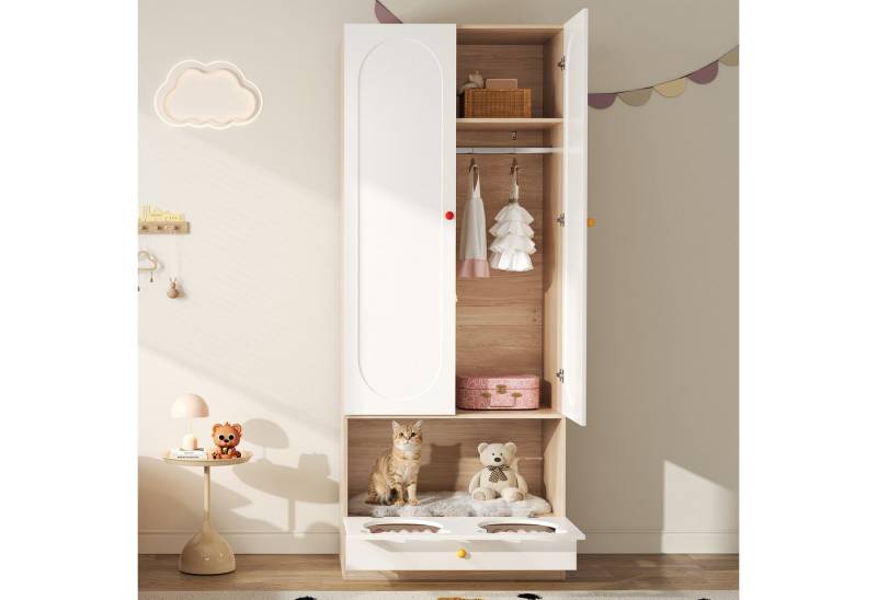 BlingBin Kinderkleiderschrank Kleiderschrank garderobenschränke (1-St., mit Bügelstange,Katzenbett,bunte Keramikgriffen) Weiß+Natur,80×50×200cm,für Schlafzimmer geeignet von BlingBin