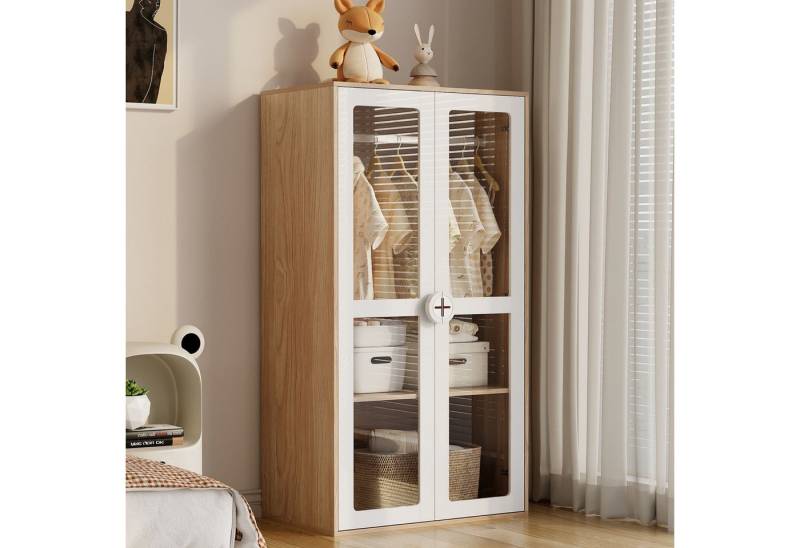 BlingBin Kinderkleiderschrank Kleiderschrank garderobenschränke (1-St., mit zweitüriger Glas-Türmit,Kleiderstange,verschiebbaren Regalen) Keks-Form-Holzgriffen, Weiß+Natur,80×50×150 cm von BlingBin