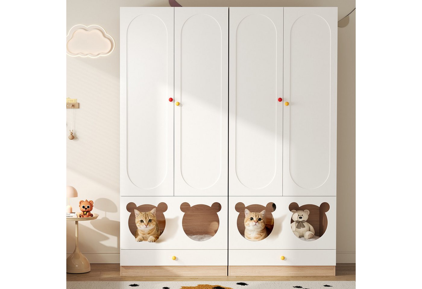 BlingBin Kinderkleiderschrank Kleiderschrank garderobenschränke (2-St., mit Bügelstange,Katzenbett,bunte Keramikgriffen) Weiß+Natur,80×50×200cm,für Schlafzimmer geeignet von BlingBin