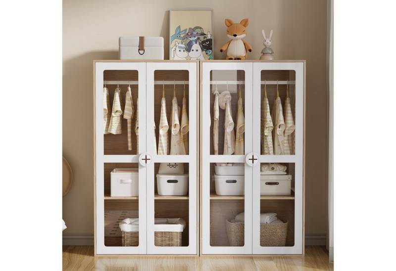 BlingBin Kinderkleiderschrank Kleiderschrank garderobenschränke (2-St., mit zweitüriger Glas-Türmit,Kleiderstange,verschiebbaren Regalen) Keks-Form-Holzgriffen, Weiß+Natur,80×50×150 cm von BlingBin