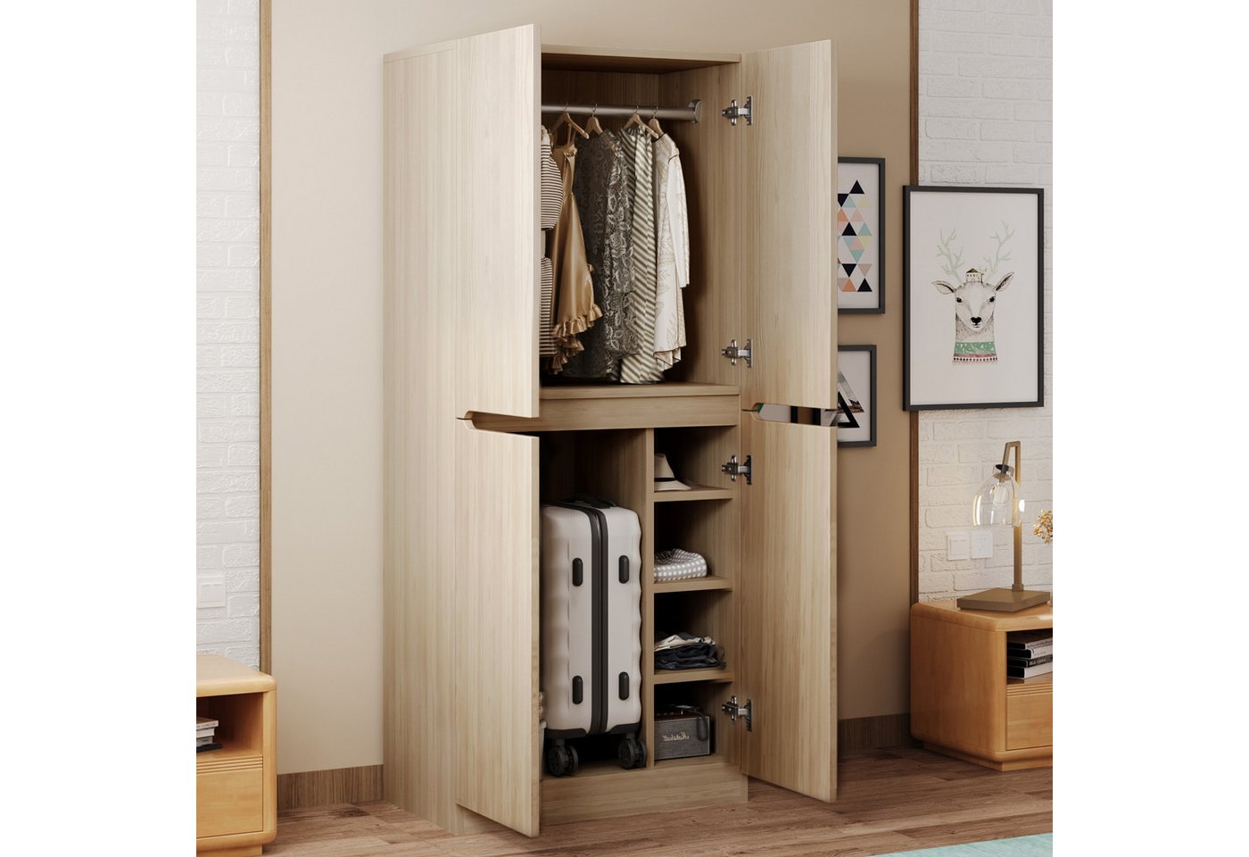 BlingBin Kleiderschrank Garderobenschrank Garderoben Flurschrank (1-St., mit kleinem Staufach,4Türen,Ein Kleiderständer) Doppeltür-Design,70×40×170 cm von BlingBin