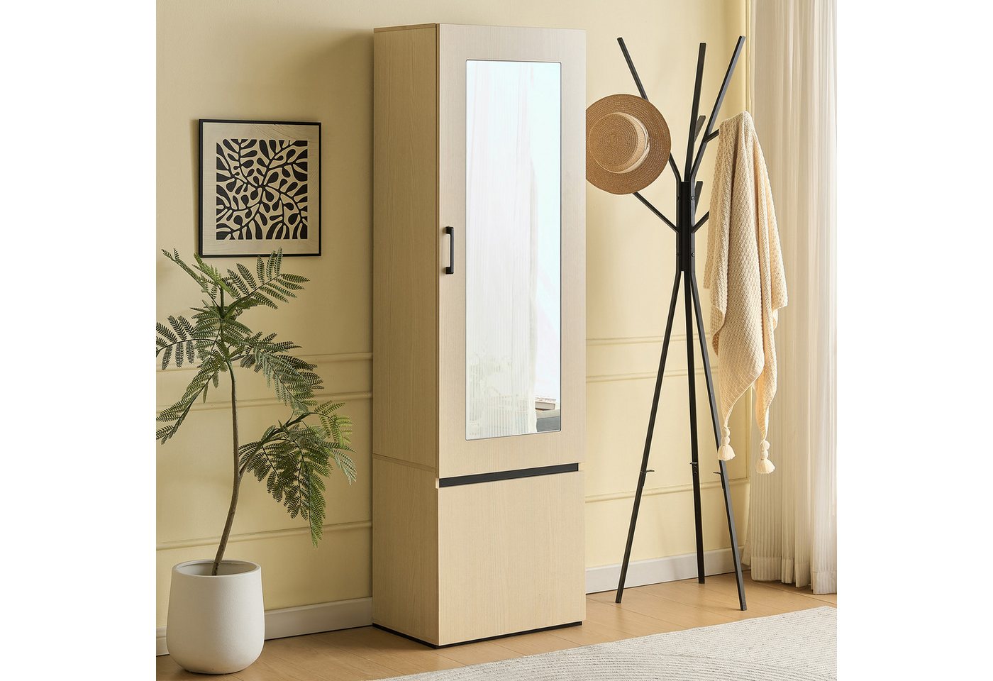 BlingBin Kleiderschrank Garderobenschrank garderobenschränke Flurgarderobe (1-St., mit 2 Türen,Spiegel und ausziehbarer Kleiderstange) MDF, für Flur, Schlafzimmer und Wohnung,54x34,5x179,5cm von BlingBin