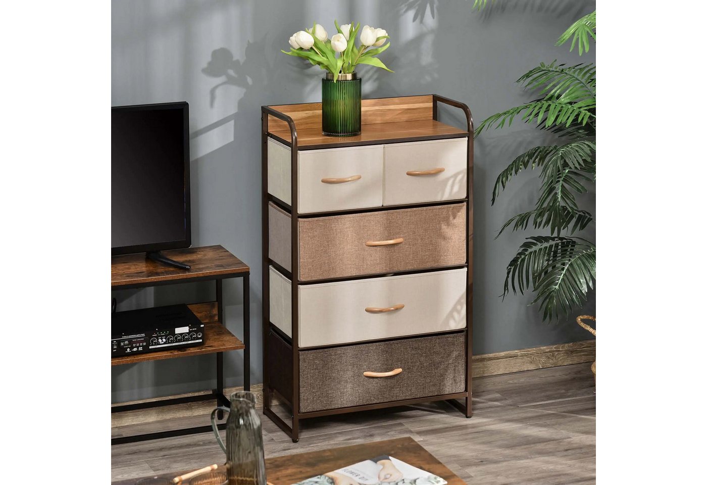 BlingBin Kommode Kommode mit 8 Stoffschubladen, Stahlrahmen & Seitentaschen – Beige (1er Set, 1 St., 58cm x 29cm x 99cm, 9.6kg), Ausgestattet mit acht Schubladen gleicher Größe von BlingBin