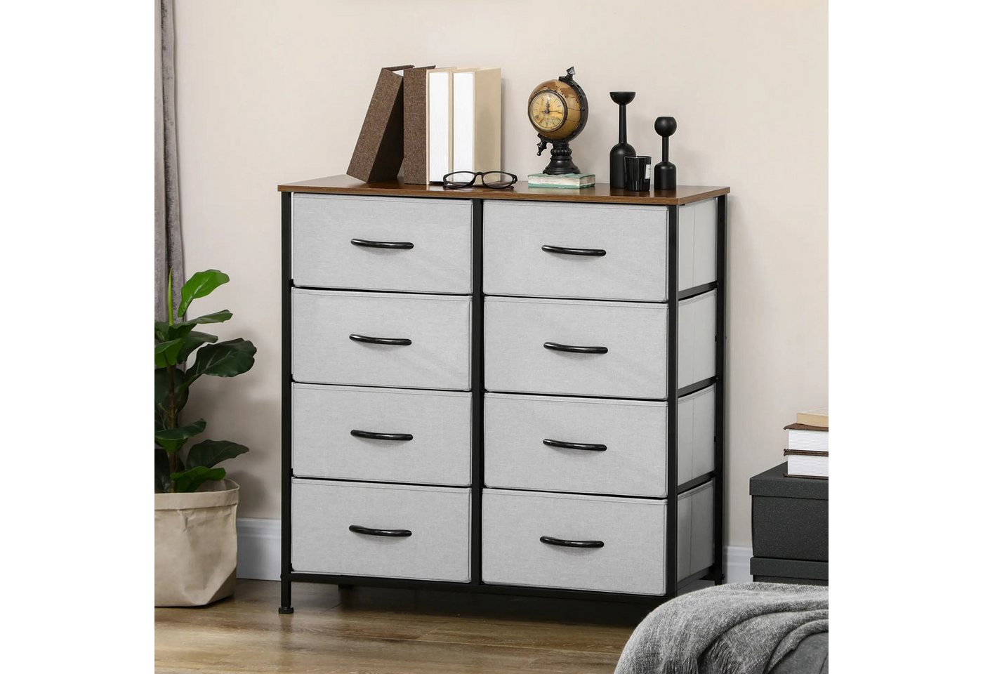BlingBin Kommode Kommode mit 8 Stoffschubladen, Stahlrahmen & Seitentaschen – Beige (1er Set, 1 St., 80cm x 30cm x 81,5cm, 10kg), Ausgestattet mit acht Schubladen gleicher Größe von BlingBin