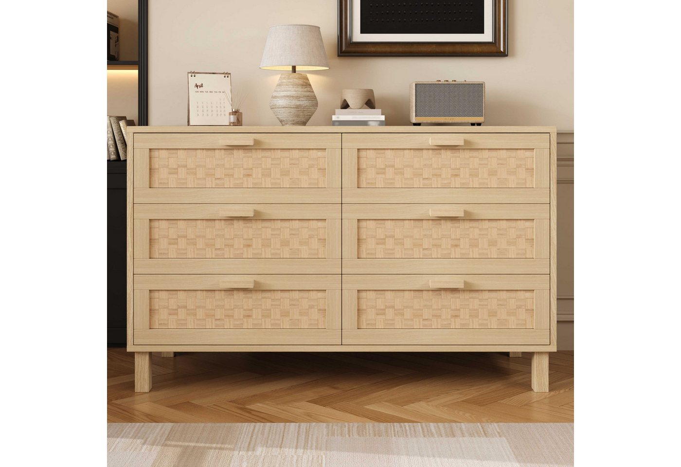 BlingBin Kommode Komodenschrank Anrichte Wohnzimmerschrank (1 St., mit viel Stauraum,6 Schubladen Produktladung 50kg, Holzfarbe), Rattanoptik, für Wohnzimmer, Esszimmer, 120×40×75cm von BlingBin