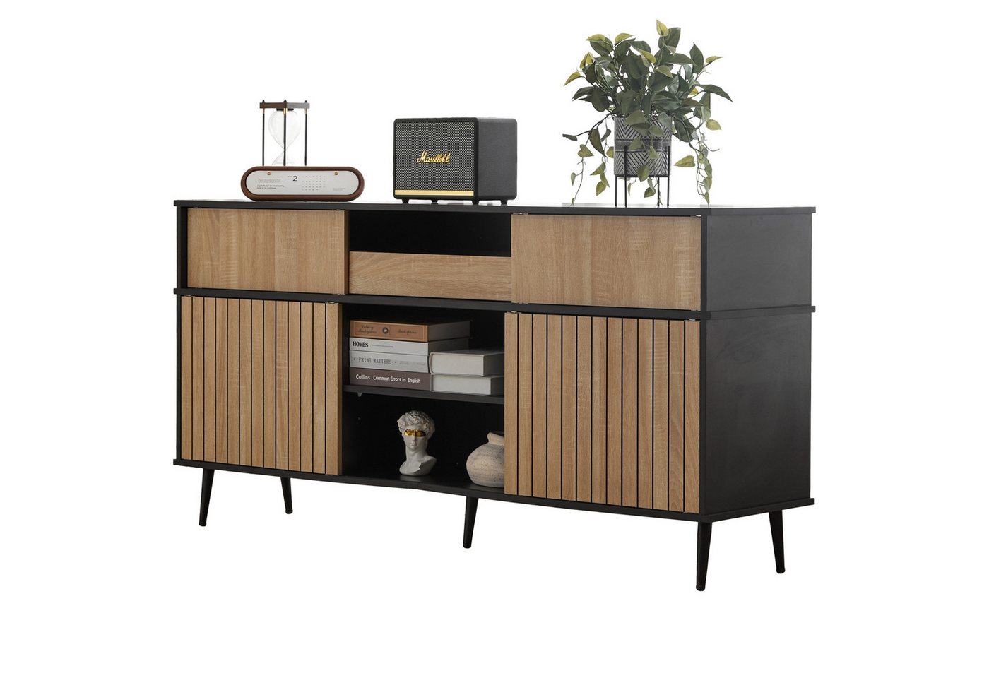 BlingBin Kommode Komodenschrank Sideboard Anrichte Beistellschrank Buffetschrank (Aufbewahrungsschrank 4 Schiebetüren und 1 Schublade, 1 St., Maße: 160 B x 40 T x 80 H, Spanplatte), Küchenschrank mit Kippsicherung für Wohnzimmer Esszimmer, Schwarz von BlingBin