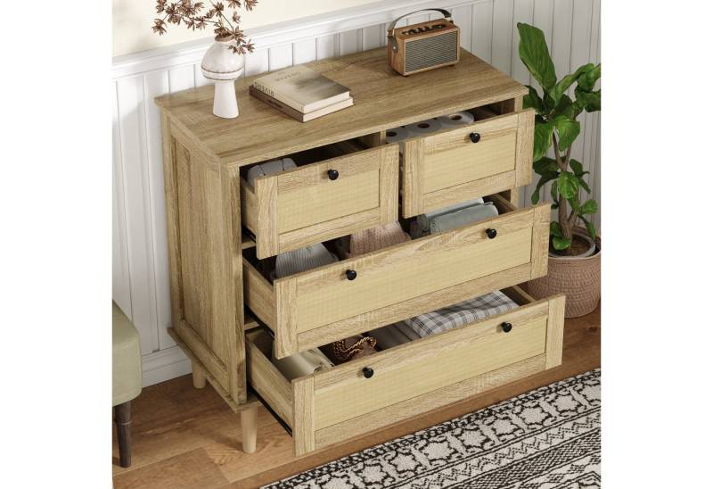 BlingBin Kommode Komodenschrank Sideboard Anrichte Buffetschrank Beistellschrank (Aufbewahrungsschrank mit Vier Rattanschubladen und Vier Beine aus Massivholz, 1 St., Gesamtabmessungen: 80*40*80cm, Gewichtskapazität: 20kg), Standschrank für Wohnzimmer Esszimmer, Spanplatte, Holzfarbe von BlingBin