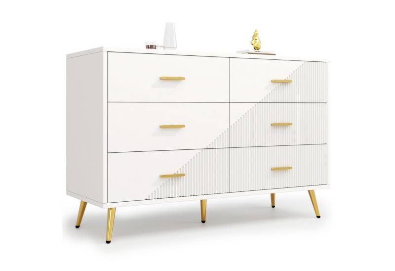 BlingBin Kommode Modern Komodenschrank Anrichte Buffetschrank Beistellschrank (Schlicht Aufbewahrungsschrank mit 6 Schubladen, Goldene Beine, 1 St., Produktgröße: 120 x 40 x 75 cm, Tragendes Gewicht: 60KG), Schubladenkommode für Wohnzimmer Esszimmer, MDF, Weiß von BlingBin