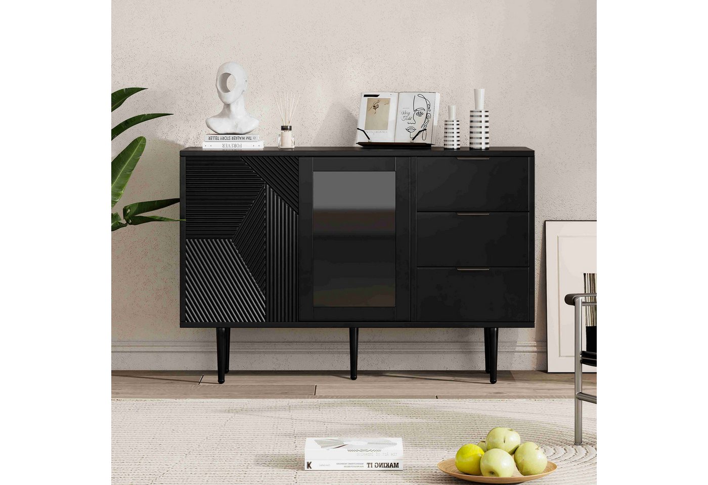 BlingBin Kommode Modern Sideboard Multifunktionaler Schrank (1 St., mit Metalfüßen und Glastüren 3 Schubladen und 2 Türen), 120x38x79.5cm Schwarz Spanplatte für Wohnzimmer, Schlafzimmer und Flur von BlingBin