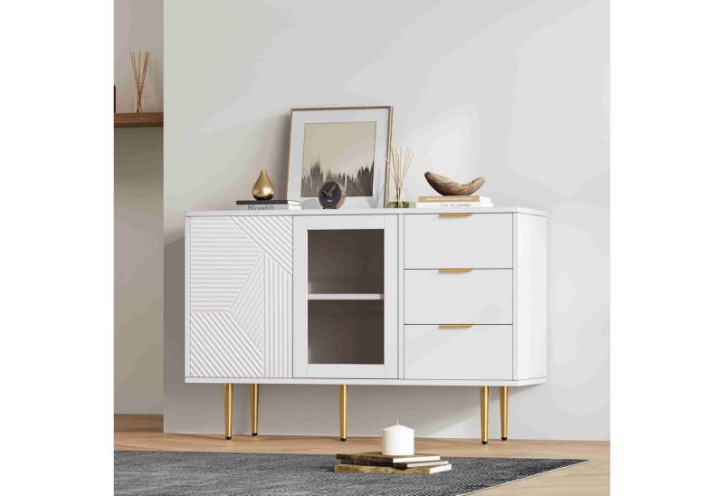 BlingBin Kommode Sideboard (1 St., mit Metalfüßen und Glastüren 3 Schubladen und 2 Türen), 120x38x79.5cm Weiß Spanplatte für Wohnzimmer, Schlafzimmer und Flur von BlingBin