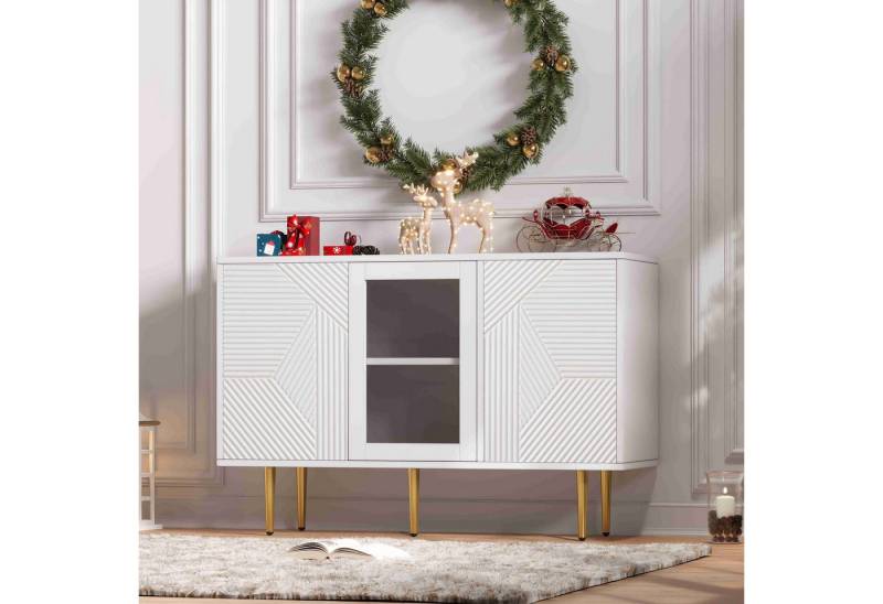 BlingBin Kommode Modernes Küchenschrank Sideboard (1 St., Mit Metalfüßen und Glastüren), Weiß Spanplatte Elegante Vitrine 120x38x79.5cm von BlingBin