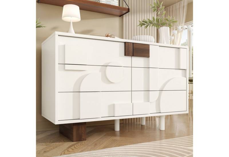BlingBin Kommode Modernes Sideboard, Buffetschrank Beistellschrank Anrichte (Esszimmerschrank mit 6 Schubladen mit Push-to-Pop-Funktion, Ohne Griffe, 1 St., 120*40*75CM, Tragendes Gewicht: 60KG), Geeignet für Esszimmer, Wohnzimmer, Beine aus Massivholz, Weiß von BlingBin
